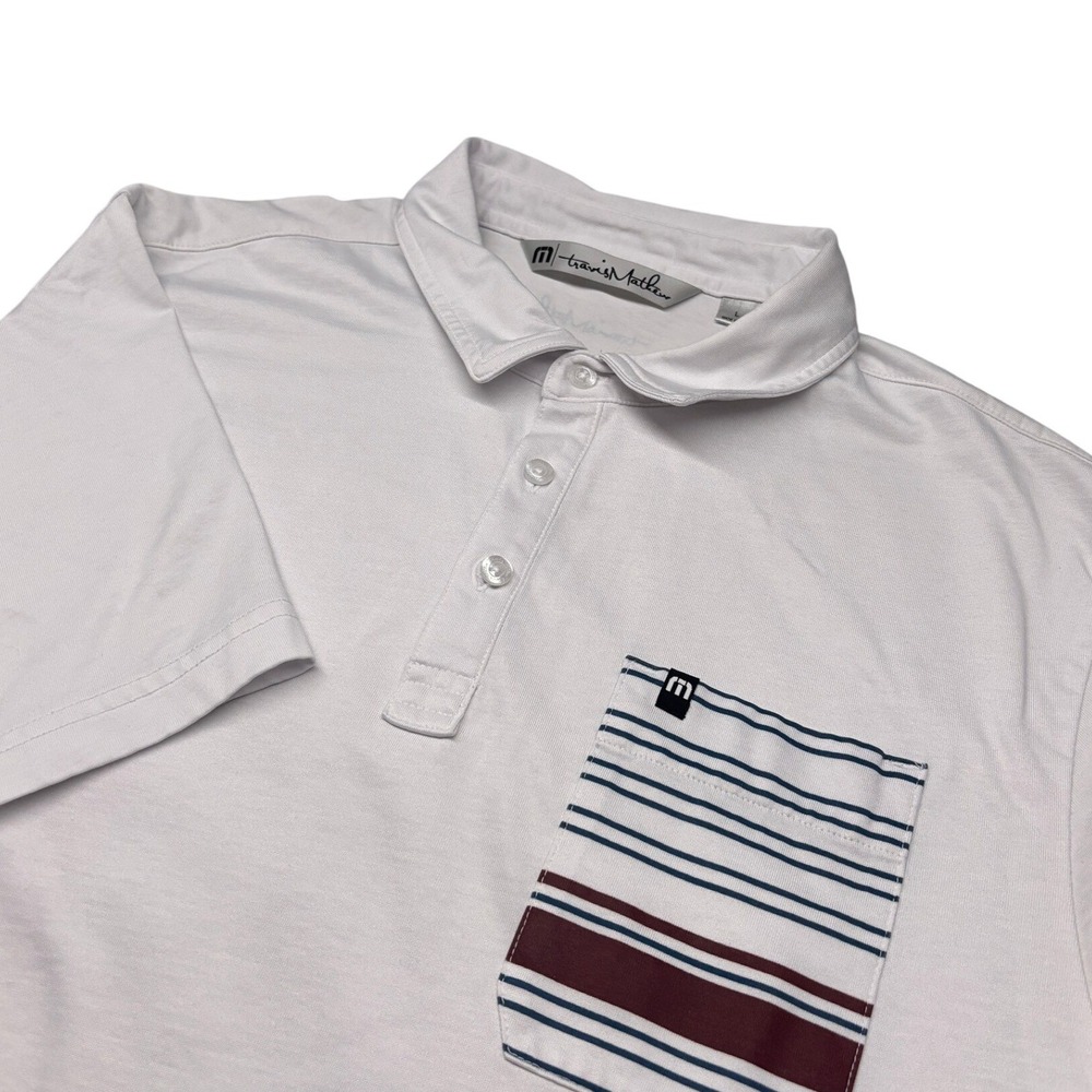 Travis Mathew Polo Shirt Mens‎ Large White Short Sleeve Striped Pocket Golf
